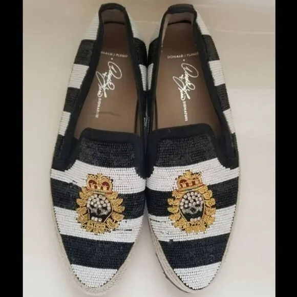 Donald J. Pliner Italian loafers size 6.5 striped black white royalty glam beade