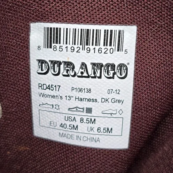 Durango 13&quot; Philly Harness Womens Size 8.5M Boots DK Grey Classic Outdoor RD4517