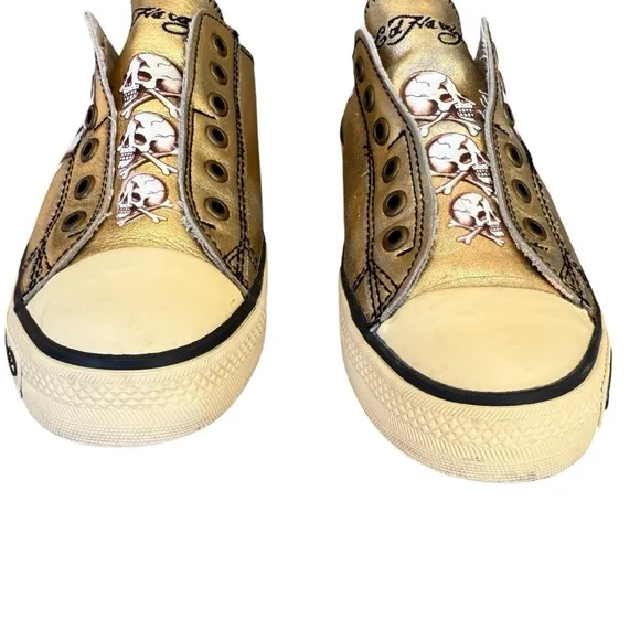 Ed Hardy Gold Skull Laceless Slip-On Sneakers Women's Size 7