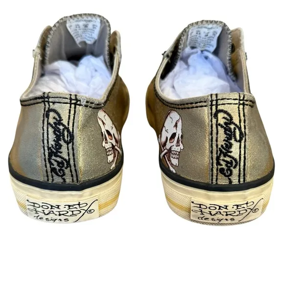 Ed Hardy Gold Skull Laceless Slip-On Sneakers Women's Size 7