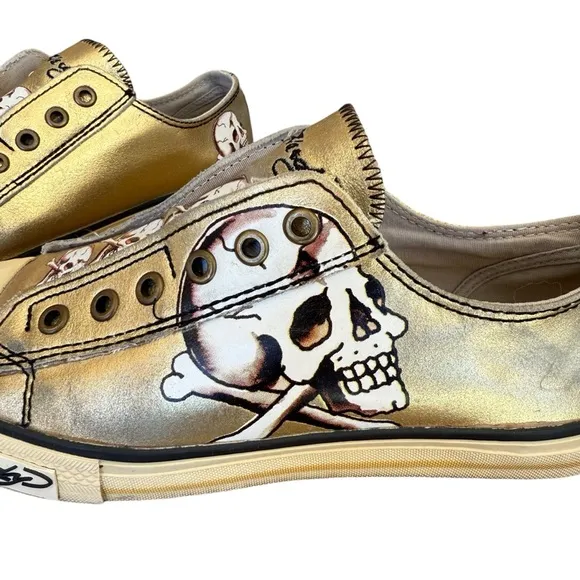Ed Hardy Gold Skull Laceless Slip-On Sneakers Women's Size 7