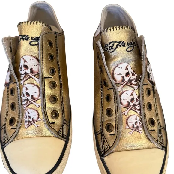 Ed Hardy Gold Skull Laceless Slip-On Sneakers Women's Size 7