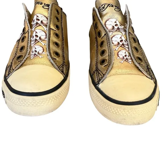Ed Hardy Gold Skull Laceless Slip-On Sneakers Women's Size 7