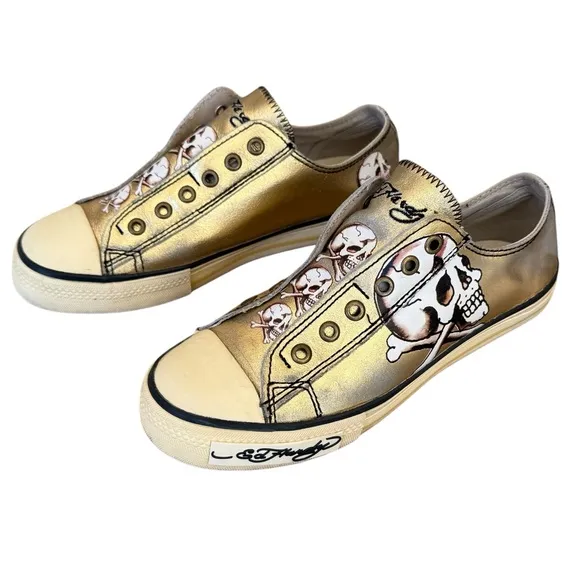 Ed Hardy Gold Skull Laceless Slip-On Sneakers Women's Size 7