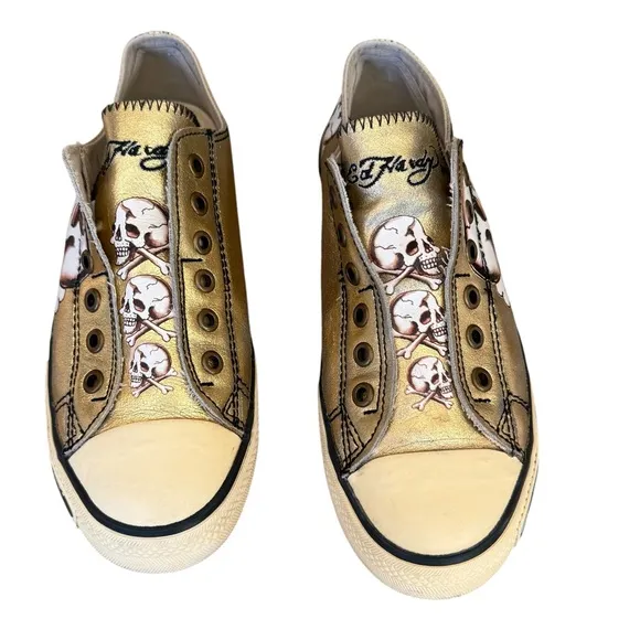 Ed Hardy Gold Skull Laceless Slip-On Sneakers Women's Size 7