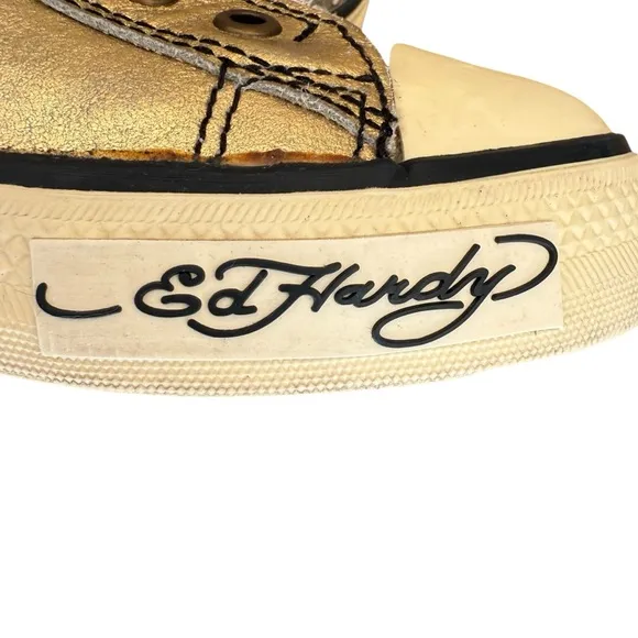 Ed Hardy Gold Skull Laceless Slip-On Sneakers Women's Size 7