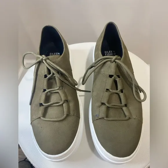 Eileen Fisher Prescot Sneaker 6.5 Olive Green Nubuck Platform Lace-Up Shoes