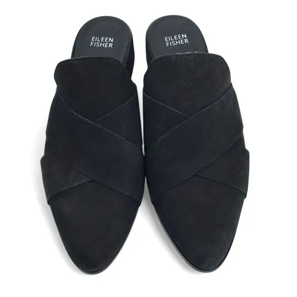 Eileen Fisher Shoes Bauer Mules Crisscross Nubuck Leather Black sz 9 Minimalist