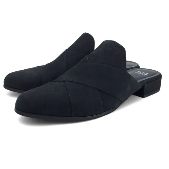 Eileen Fisher Shoes Bauer Mules Crisscross Nubuck Leather Black sz 9 Minimalist
