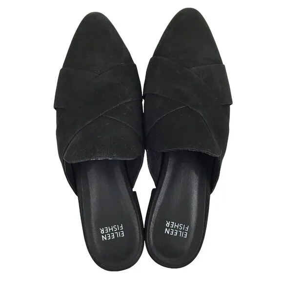 Eileen Fisher Shoes Bauer Mules Crisscross Nubuck Leather Black sz 9 Minimalist