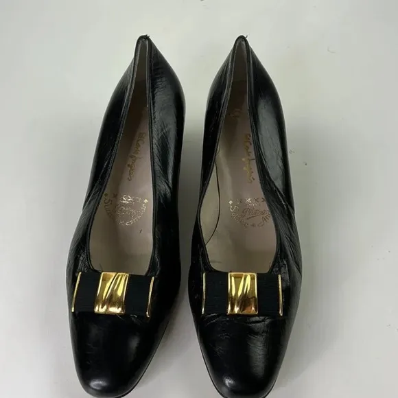 el corte ingles black leather kitten heel shoes with gold bow size 37