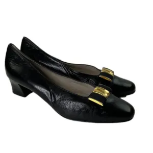 el corte ingles black leather kitten heel shoes with gold bow size 37