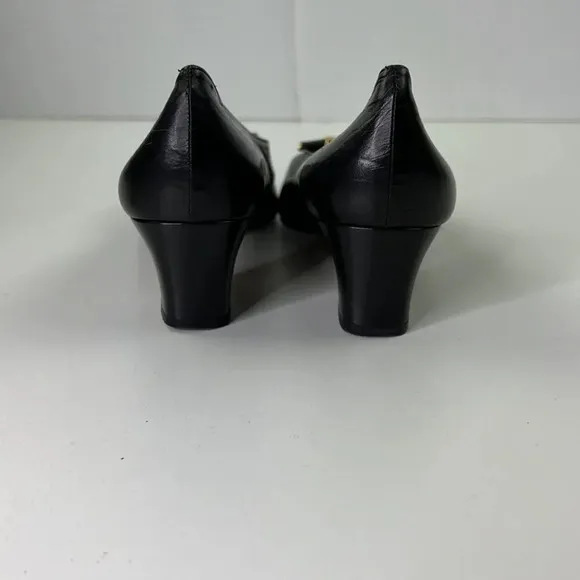 el corte ingles black leather kitten heel shoes with gold bow size 37