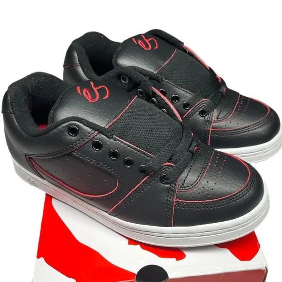 ES ACCEL OG retro black and red all leather chunky skateboarding shoes
