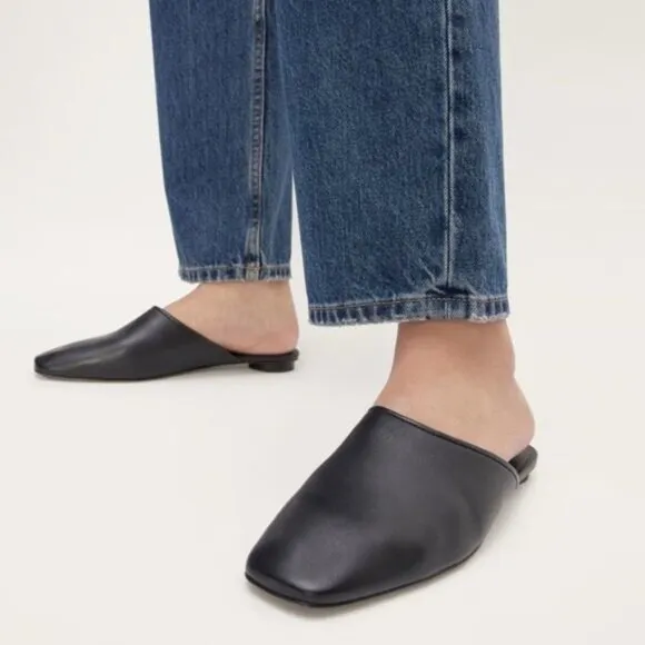 Everlane The Day Mule Womens 8.5 Slip On Flats Black Leather Slides Minimalist