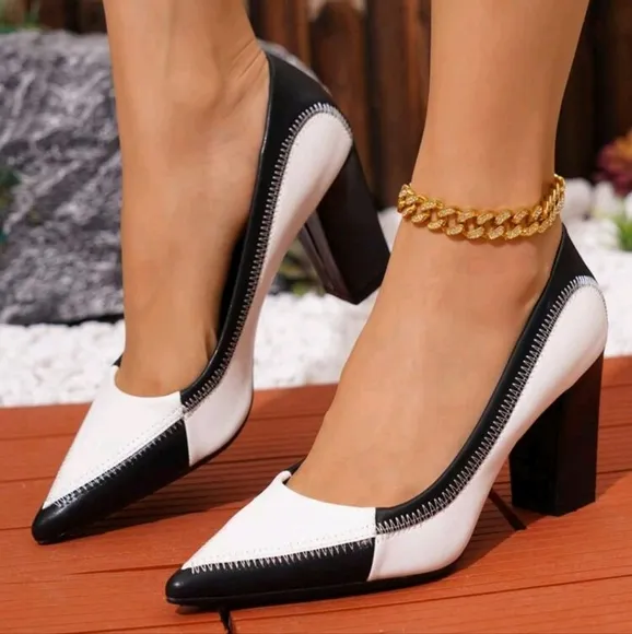 Fashion Quality Pointed-Toe Black &amp; White Color Block High Heel Shoes