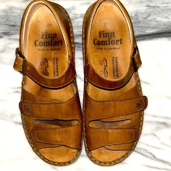 Finn Comfort Baltrum Brown Leather 3 strap Sandals Size 39/8 Minimalist