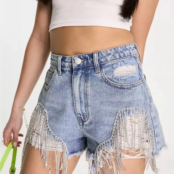 Forever 21 Women’s Diamond Tassels Distressed Blue Wash Denim Shorts