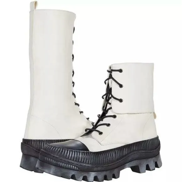 Free People Goldie Lug Sole Lace-Up Boots Black and White Size 8 Women`s