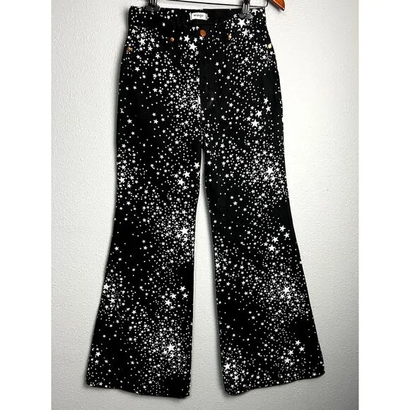 Free People Wrangler Star Print Wide Flare Jeans Western Corduroy Pockets 28x32