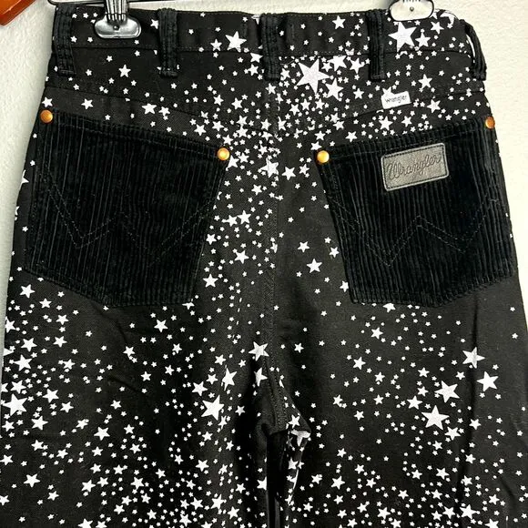 Free People Wrangler Star Print Wide Flare Jeans Western Corduroy Pockets 28x32
