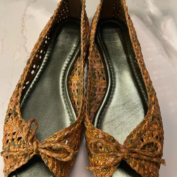 Frye Tan Woven Leather Flats with Bow Detail