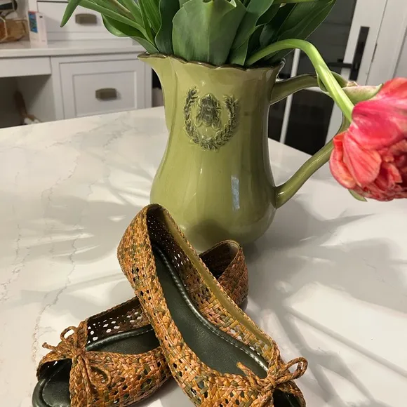 Frye Tan Woven Leather Flats with Bow Detail