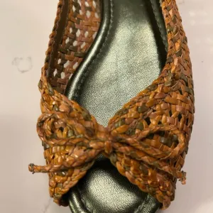 Frye Tan Woven Leather Flats with Bow Detail