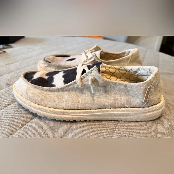 HEY DUDE Sz 5 Wendy Sparkling Gold Cow Hide Slip On Comfortable  Shoes Orig$150