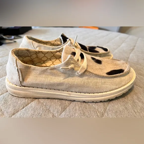 HEY DUDE Sz 5 Wendy Sparkling Gold Cow Hide Slip On Comfortable  Shoes Orig$150