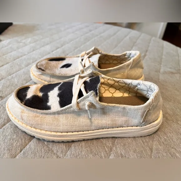 HEY DUDE Sz 5 Wendy Sparkling Gold Cow Hide Slip On Comfortable  Shoes Orig$150