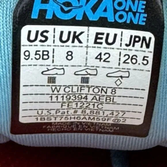 Hoka One Clifton 8 Shoes Womens Size 9.5 B Blue Running Training Comfort Sneaker