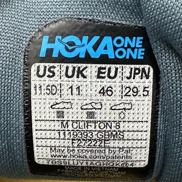 Hoka One One Clifton 8 Running Shoes Mens Size 11.5 Goblin Blue Mountain Spring