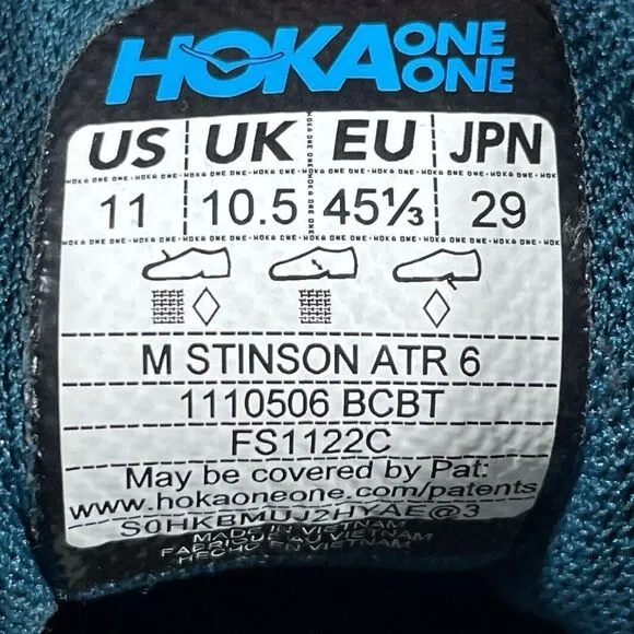 Hoka One One Stinson ATR 6 Men's Size 11 Running Shoes Blue Yellow 1110506 BCBT
