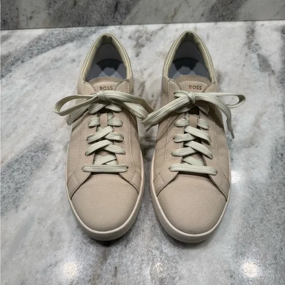 Hugo Boss Cream Minimalist Sneakers with Lace-Up Design