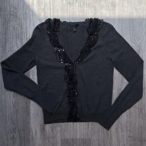 J Crew Collection Womens Medium Gray Silk Merino Wool Sequined Chiffon Cardigan