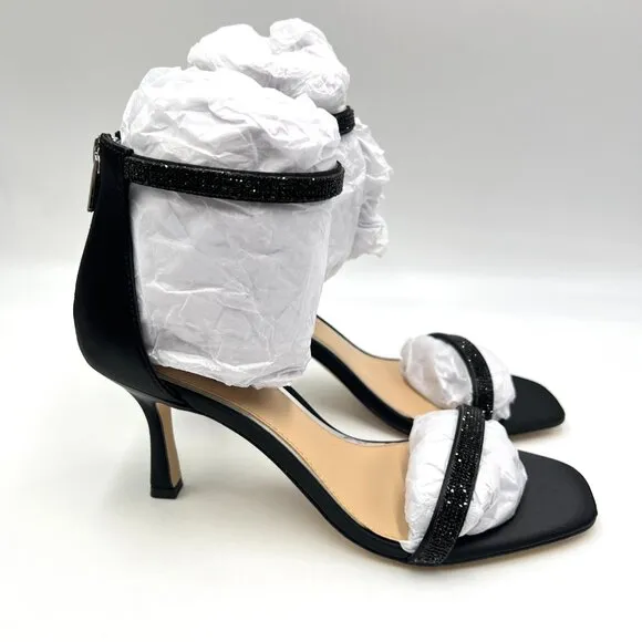 Jewel Badgley Mischka 6.5 Genny Black Satin Minimalist Dress Sandals Heels Shoes