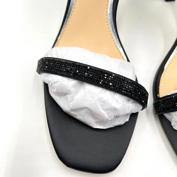 Jewel Badgley Mischka 6.5 Genny Black Satin Minimalist Dress Sandals Heels Shoes