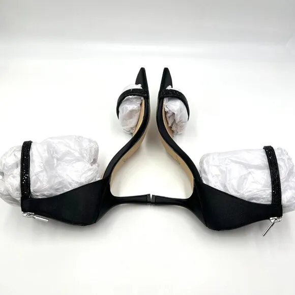 Jewel Badgley Mischka 6.5 Genny Black Satin Minimalist Dress Sandals Heels Shoes