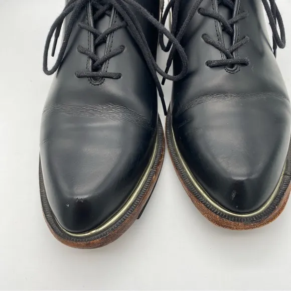 John Fluevog Modvog Mariella Black Leather Lace Up Oxford Shoes 7 Silver Trim