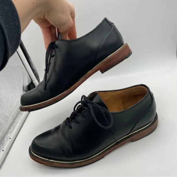 John Fluevog Modvog Mariella Black Leather Lace Up Oxford Shoes 7 Silver Trim