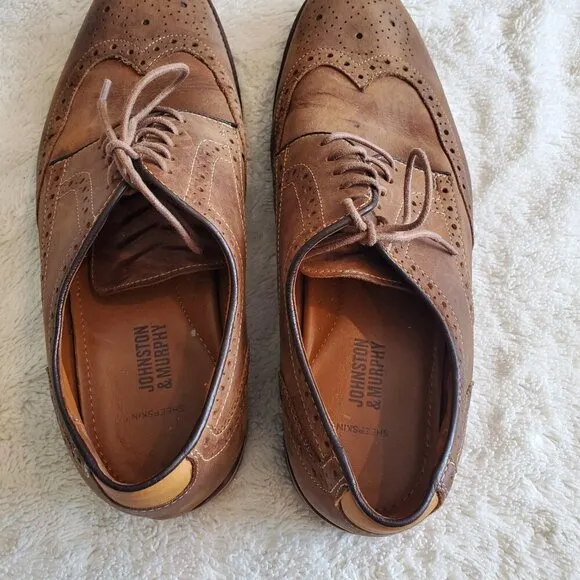 Johnston &amp; Murphy Brown Lace Up Leather Oxford Wingtip Dress Shoes Mens 10 M