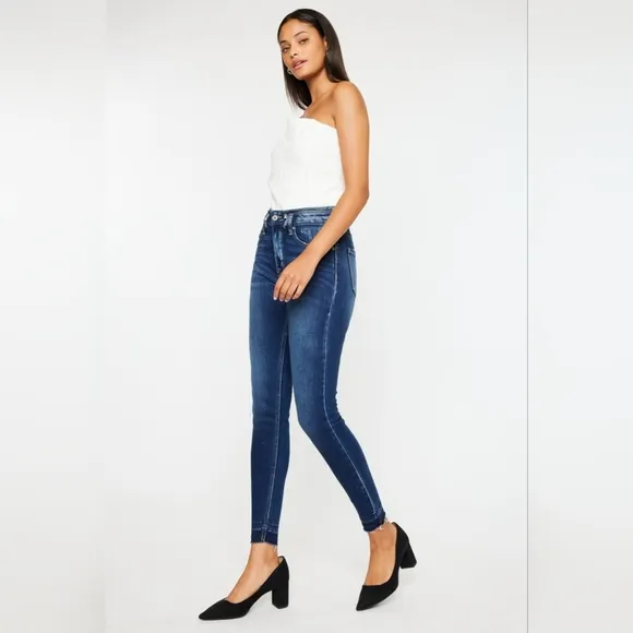 KanCan Skinny High-Rise Double Waist Distressed Slim Fit Jeans Ankle Denim Pants