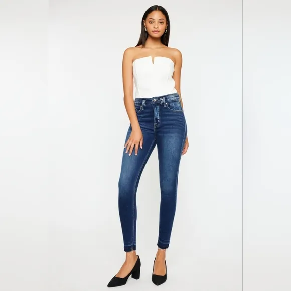 KanCan Skinny High-Rise Double Waist Distressed Slim Fit Jeans Ankle Denim Pants