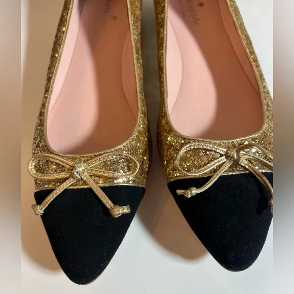 Kate Spade New York Nella Gold Glitter Black Suede slip on Ballet Flat size 8