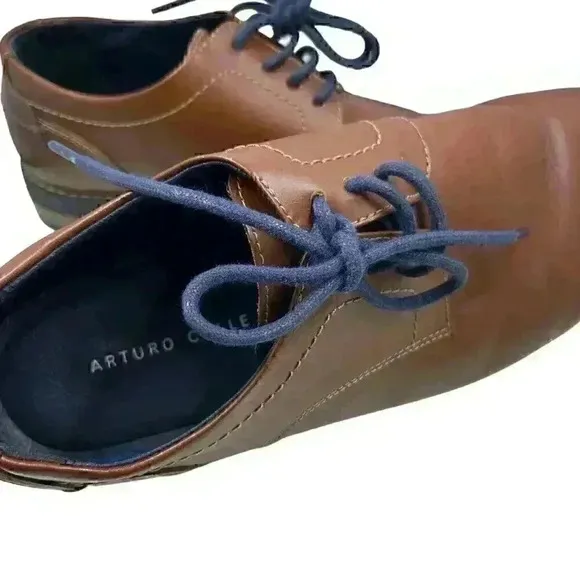 Leather Casual/Dress Men’s Brown W/Blue Laces Shoes Cushion &amp; Arch Insole SZ 8