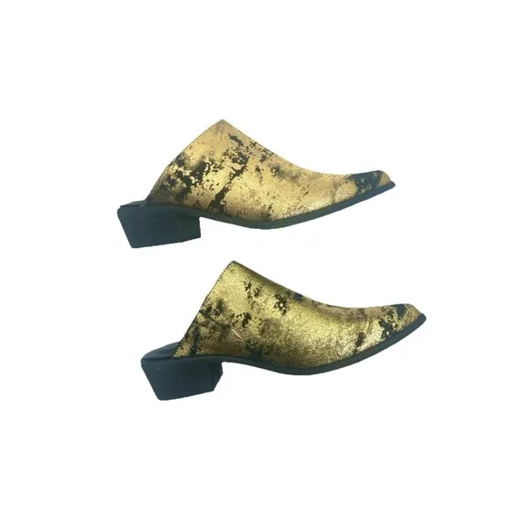 Leather Gold Black Shoes Womens Sz 8 Pointed Toe Mule Clog Whimsygoth Boho