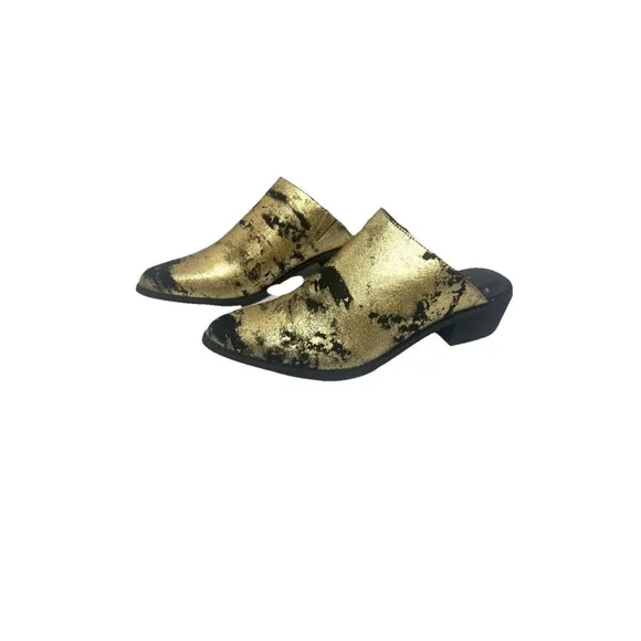 Leather Gold Black Shoes Womens Sz 8 Pointed Toe Mule Clog Whimsygoth Boho