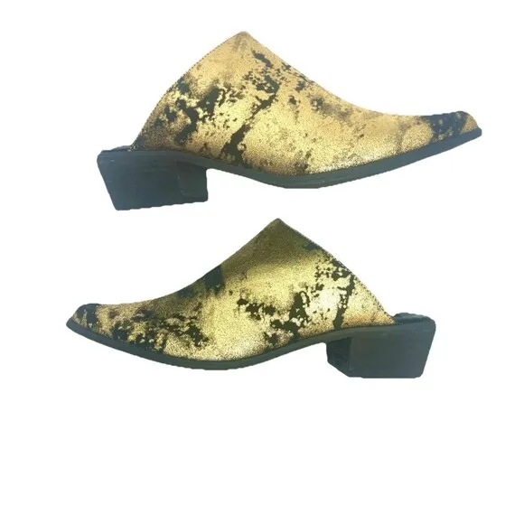 Leather Gold Black Shoes Womens Sz 8 Pointed Toe Mule Clog Whimsygoth Boho