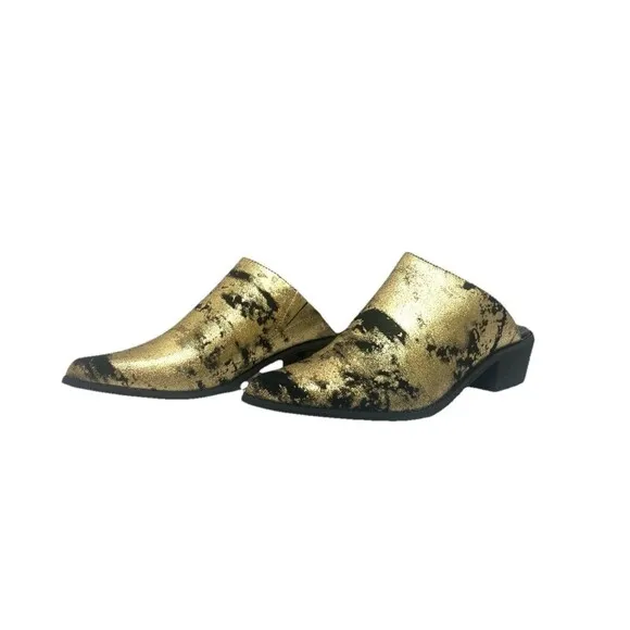 Leather Gold Black Shoes Womens Sz 8 Pointed Toe Mule Clog Whimsygoth Boho